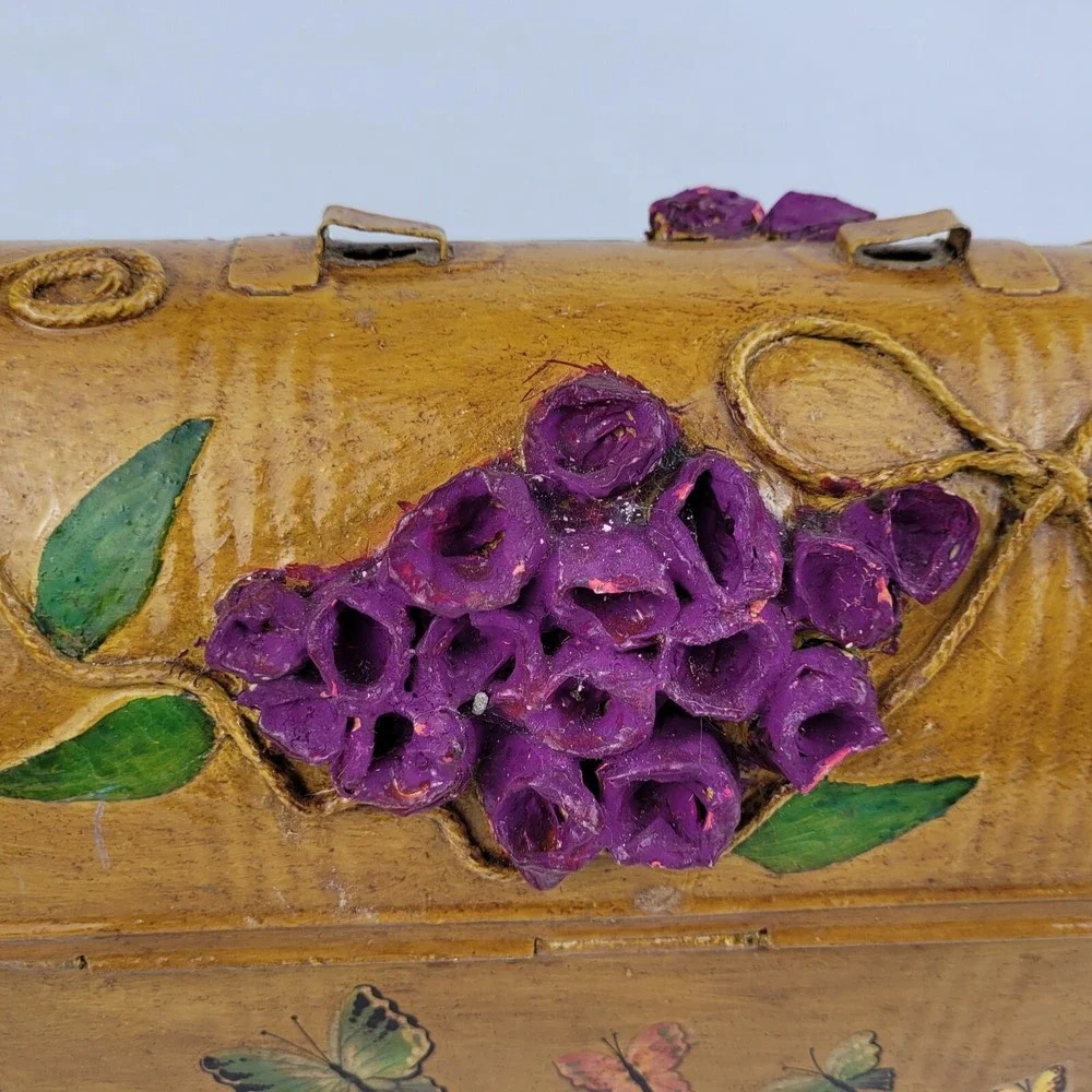 Vintage Decoupage Lunch Box Purse Folk Art  Paper Mache Flowers American Thermos